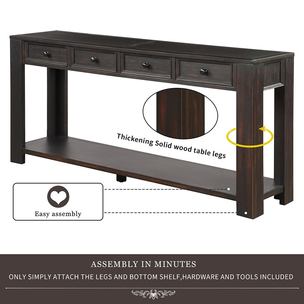 TREXM 64'' Console Table with 4 Storage Drawers and Bottom Shelf, for Entrance Hallway, Dining Room, Bedroom - Black