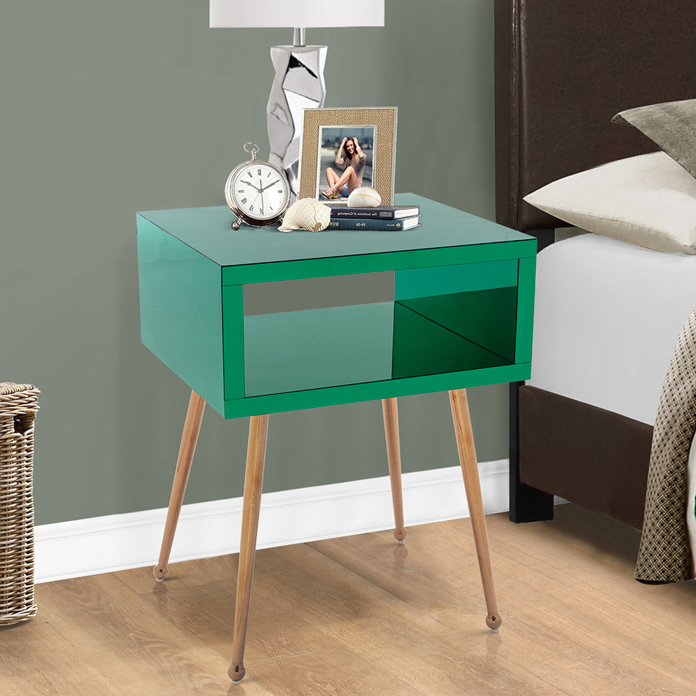COOLMORE Mirror Bedside Table End Table with Metal High Legs for Living Room, Bedroom, Office, Dressing Room - Green