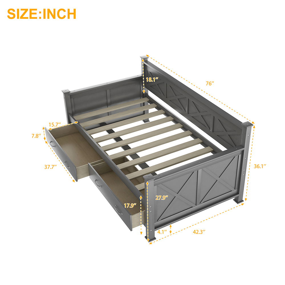 Twin Size Rustic Style Wooden Daybed Frame with 2 Storage Drawers and Wooden Slats Support, No Need for Spring Box, for Living Room, Bedroom, Office, Apartment - Gray