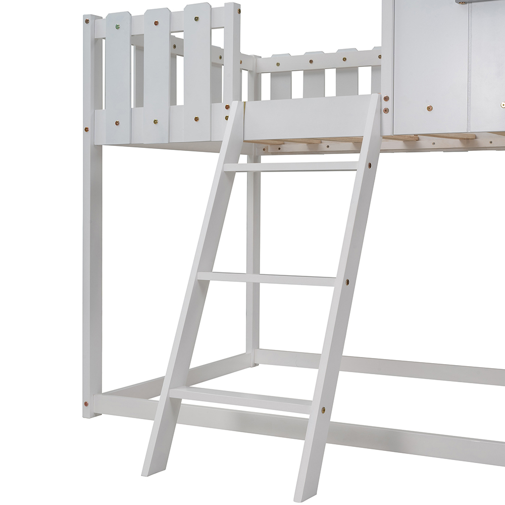Twin-Size Wooden Floor Children's Bunk House Bed Frame with Rustic Fence-Shaped Guardrail and Ladder, No Need for Box Spring - White