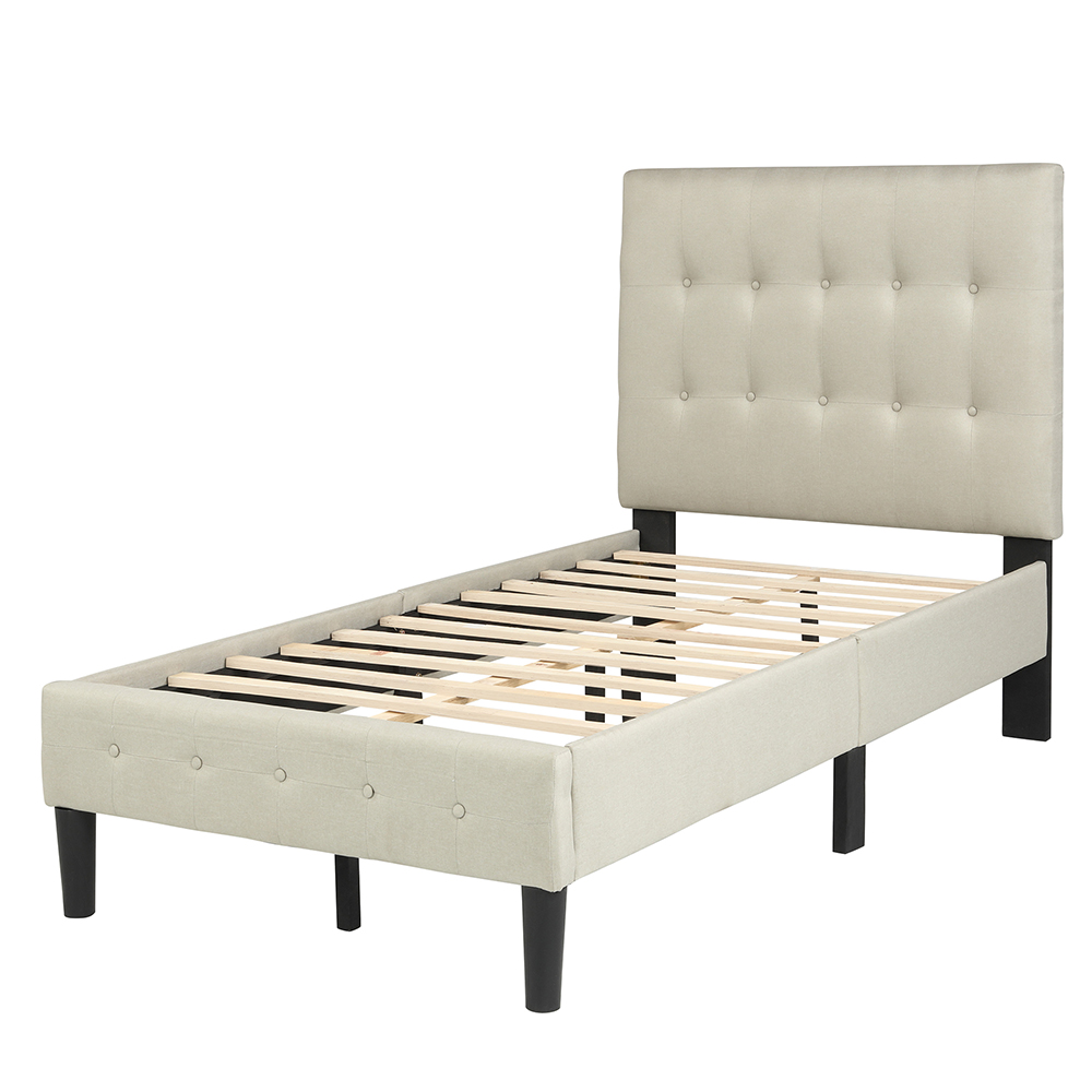 Twin Size Upholstered Platform Bed Frame with Tufted Headboard, Footboard, and Wooden Slats Support, No Spring Box Required (Frame Only) - Beige