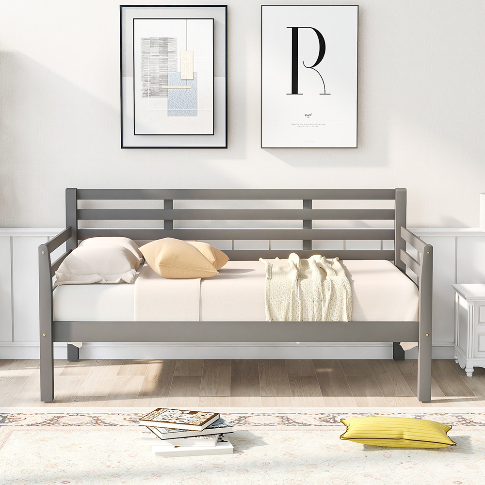Twin-Size Wooden Daybed Frame with Guardrail and Wooden Slat Support - Gray