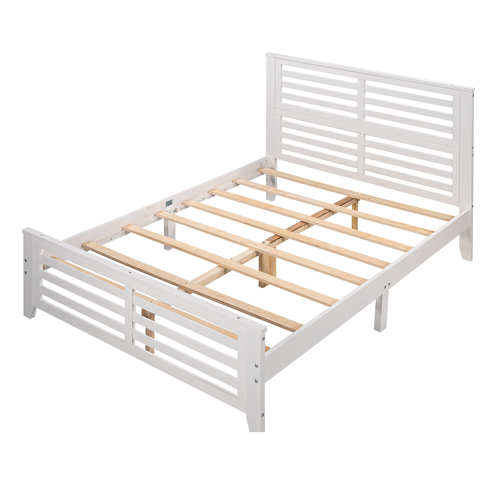 Full-Size Wooden Platform Bed Frame with Hollow Shape Horizontal Strip and Wooden Slats Support - White