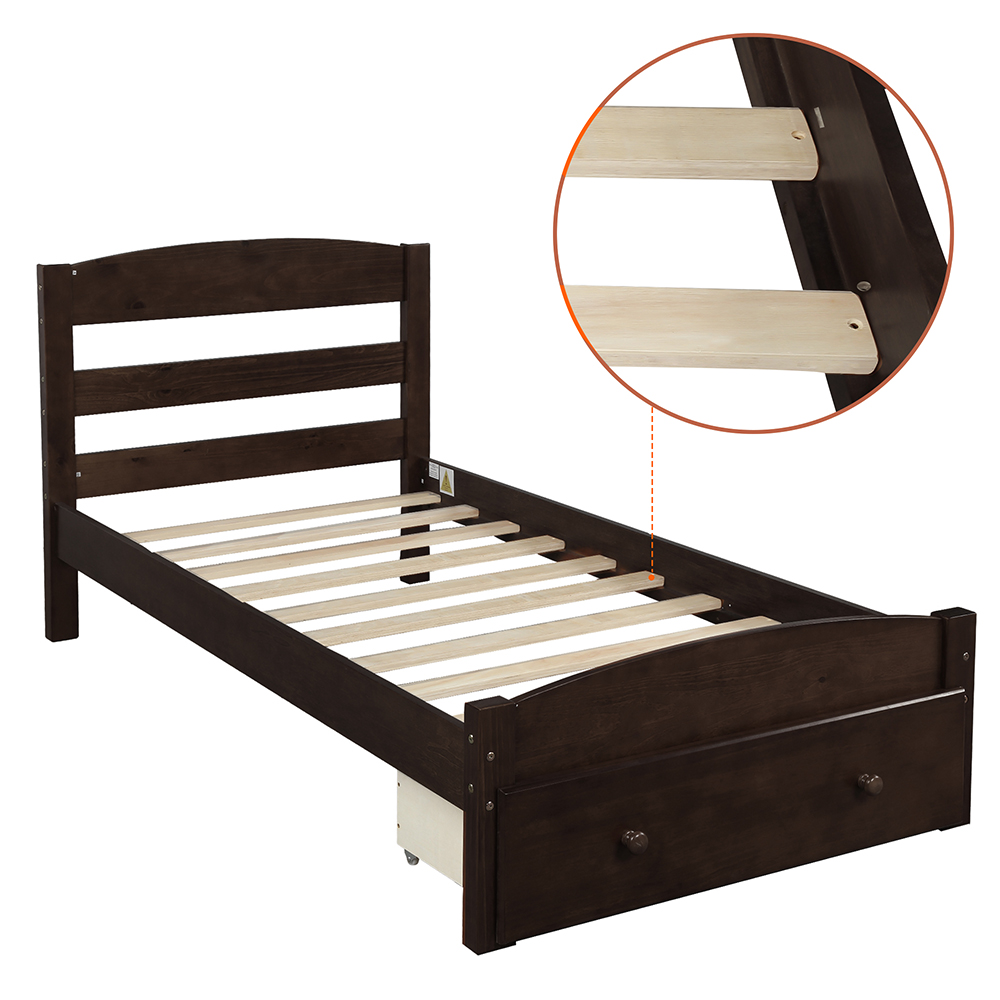 Twin Size Wooden Platform Bed Frame with Storage Drawer, and Wooden Slats Support, No Spring Box Required (Frame Only) - Espresso