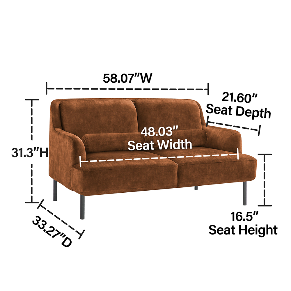 2-Seat Velvet Upholstered Sofa with High Iron Feet and Backrest for Office, Apartment, Bedroom, Living Room - Camel