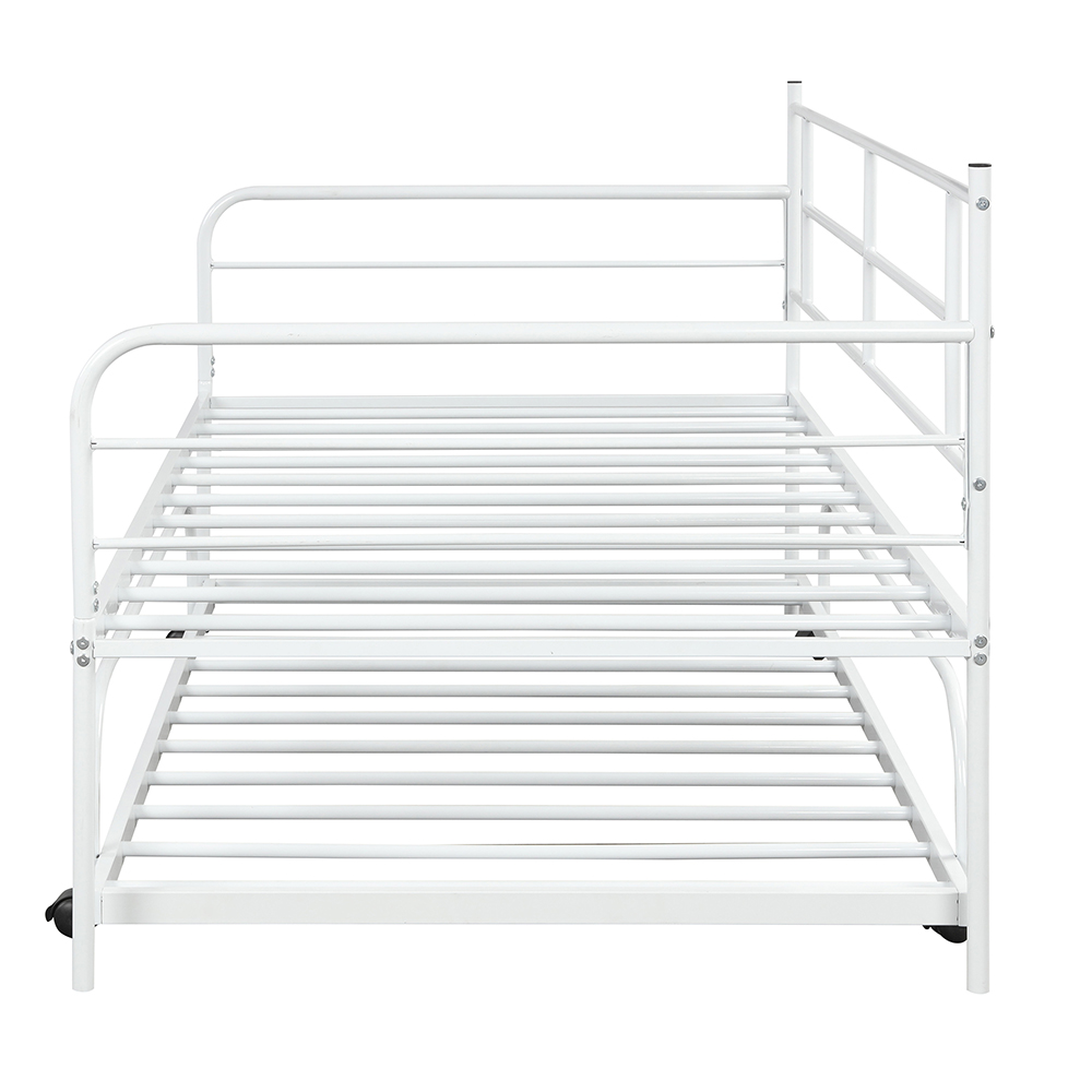 Twin Size Metal Daybed Frame with Trundle Bed and Metal Slats Support, No Need for Spring Box, for Living Room, Bedroom, Office, Apartment - White