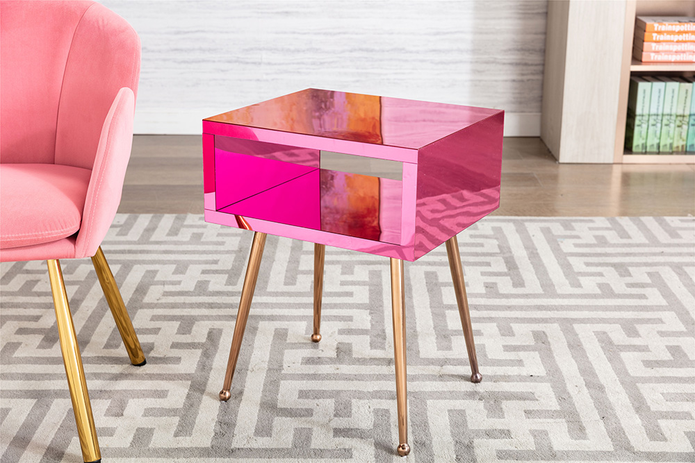 COOLMORE Mirror Bedside Table End Table with Metal High Legs for Living Room, Bedroom, Office, Dressing Room - Peach