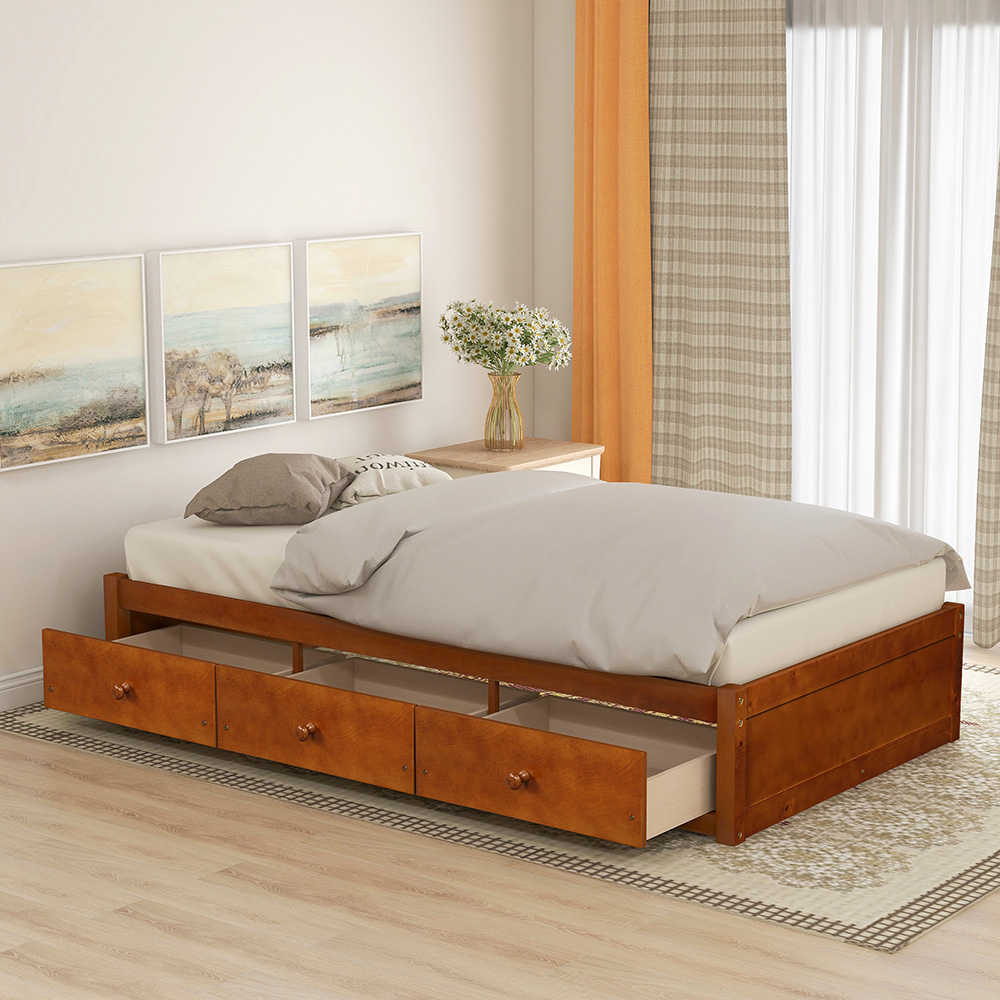 Orisfur Twin Size Wooden Platform Bed Frame with 3 Storage Drawers, and Wooden Slats Support, No Spring Box Required (Frame Only) - Oak