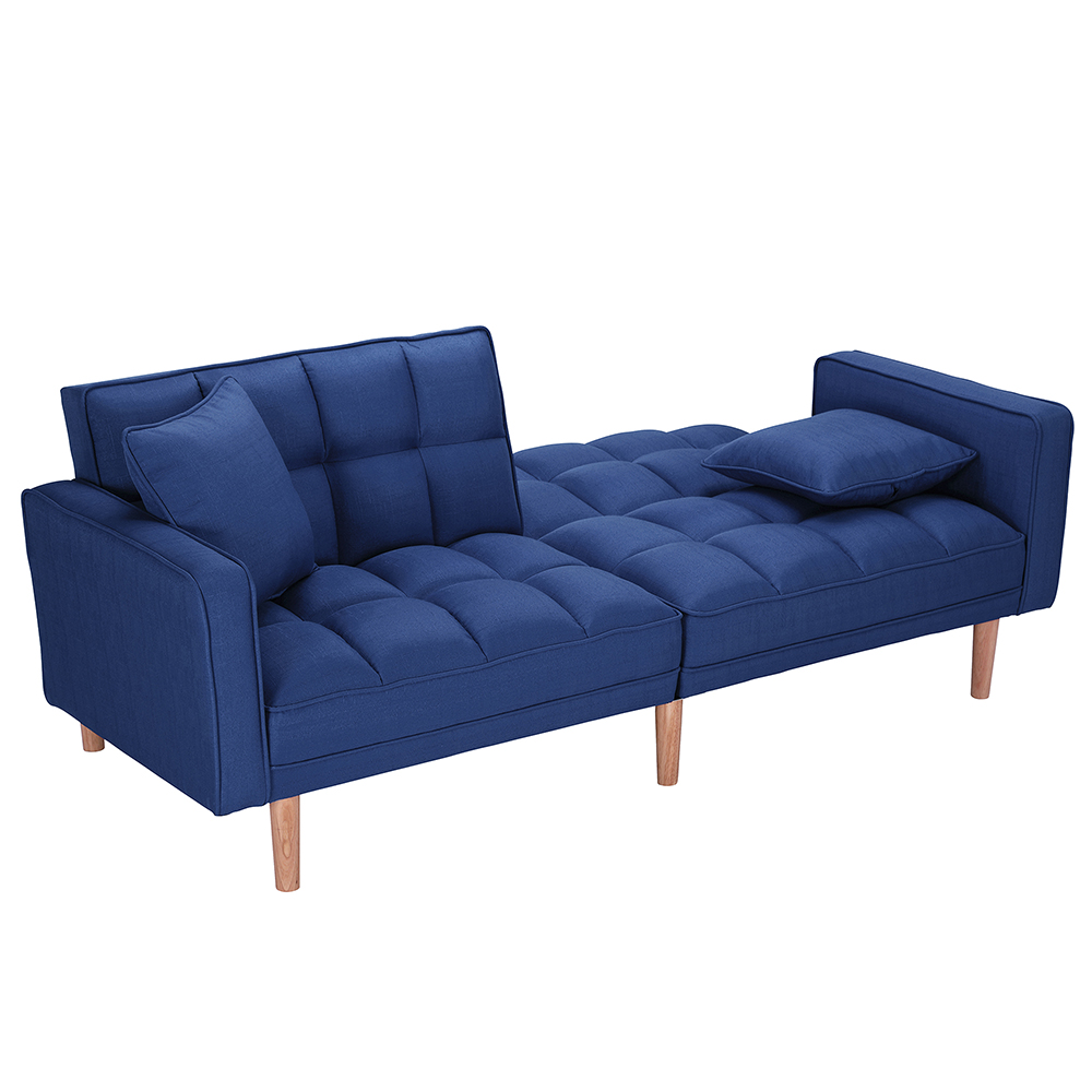 75" 2-seat Linen Upholstered Sofa Bed with 2 Pillows, Backrest, Armrests, and Solid Wood Feet, for Living Room, Bedroom, Office, Apartment - Navy Blue
