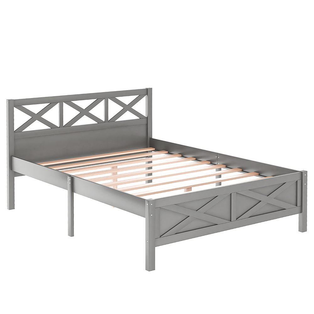 Queen Size Wooden Platform Bed Frame with High Legs and Wooden Slats - Gray
