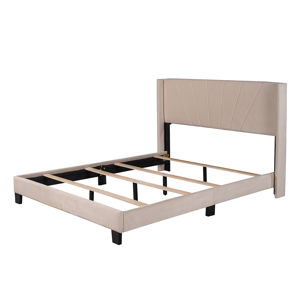 Queen-Size Velvet Upholstered Platform Bed Frame with Headboard and Wooden Slat Support - Beige