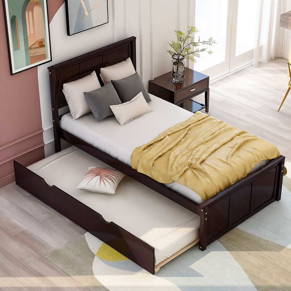 Twin Size Wooden Platform Bed Frame with Trundle Bed, and Wooden Slats Support, No Spring Box Required (Frame Only) - Espresso