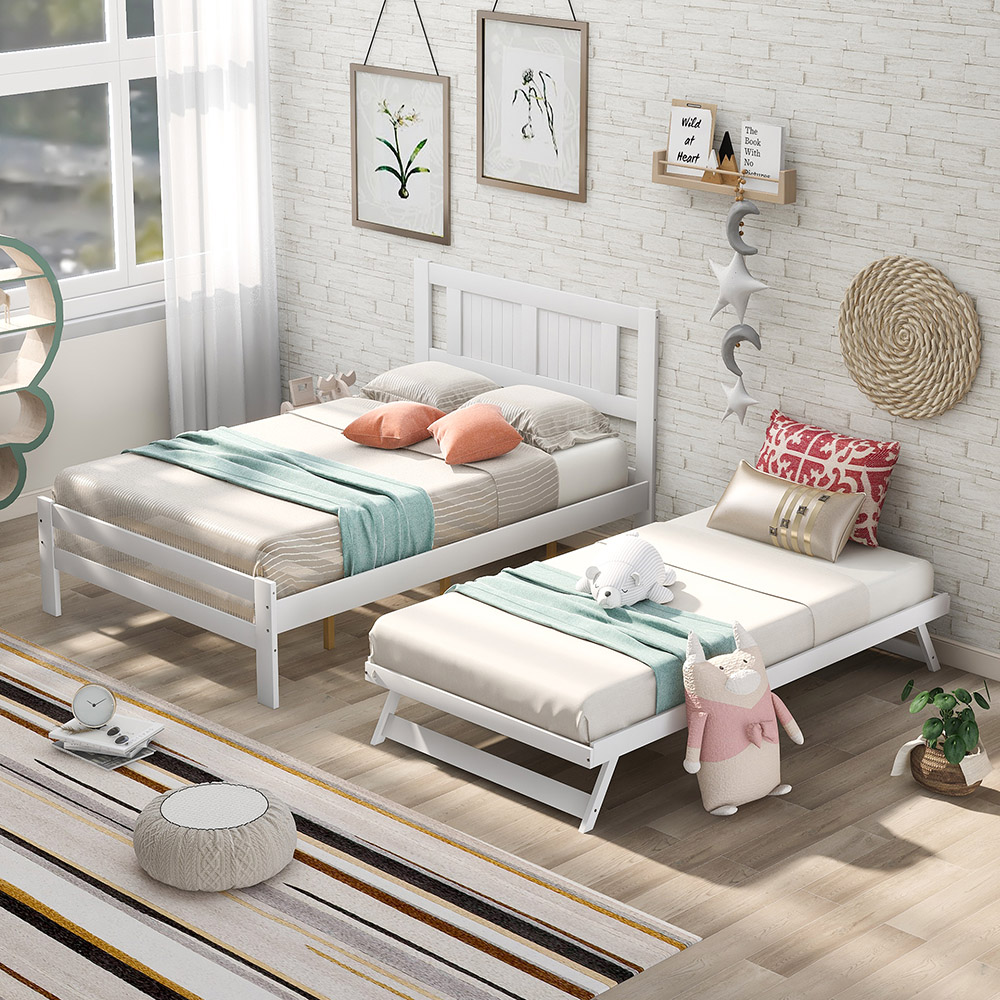 Full-Size Wooden Platform Bed Frame with Adjustable Trundle Bed and Wooden Slat Support, No Need for Box Spring - White
