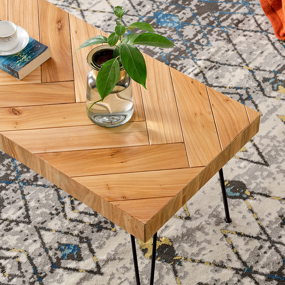 TREXM Rectangular Glossy Finished Wood Coffee Table with Chevron Pattern and Metal Hairpin Legs, for Kitchen, Restaurant, Office, Living Room, Cafe - Oak