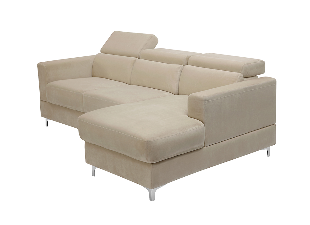 3-Seat L-shaped Corner Velvet Upholstered Sofa, with Adjustable Headrest and Metal Legs, for Living Room, Bedroom, Office, Apartment - Beige