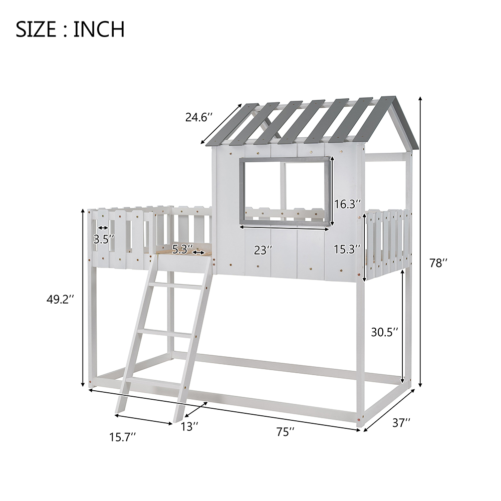 Twin-Size Wooden Floor Children's Bunk House Bed Frame with Rustic Fence-Shaped Guardrail and Ladder, No Need for Box Spring - White