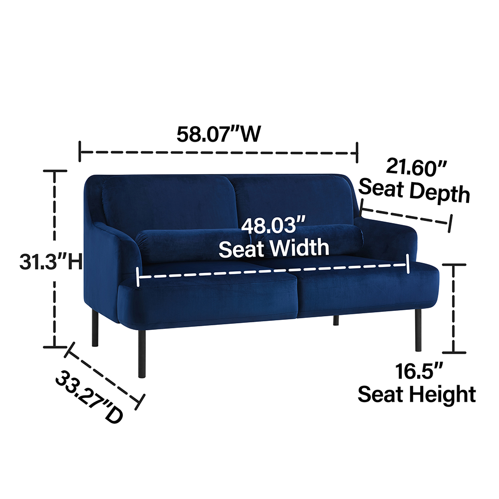 2-Seat Velvet Upholstered Sofa with High Iron Feet and Backrest for Office, Apartment, Bedroom, Living Room - Blue