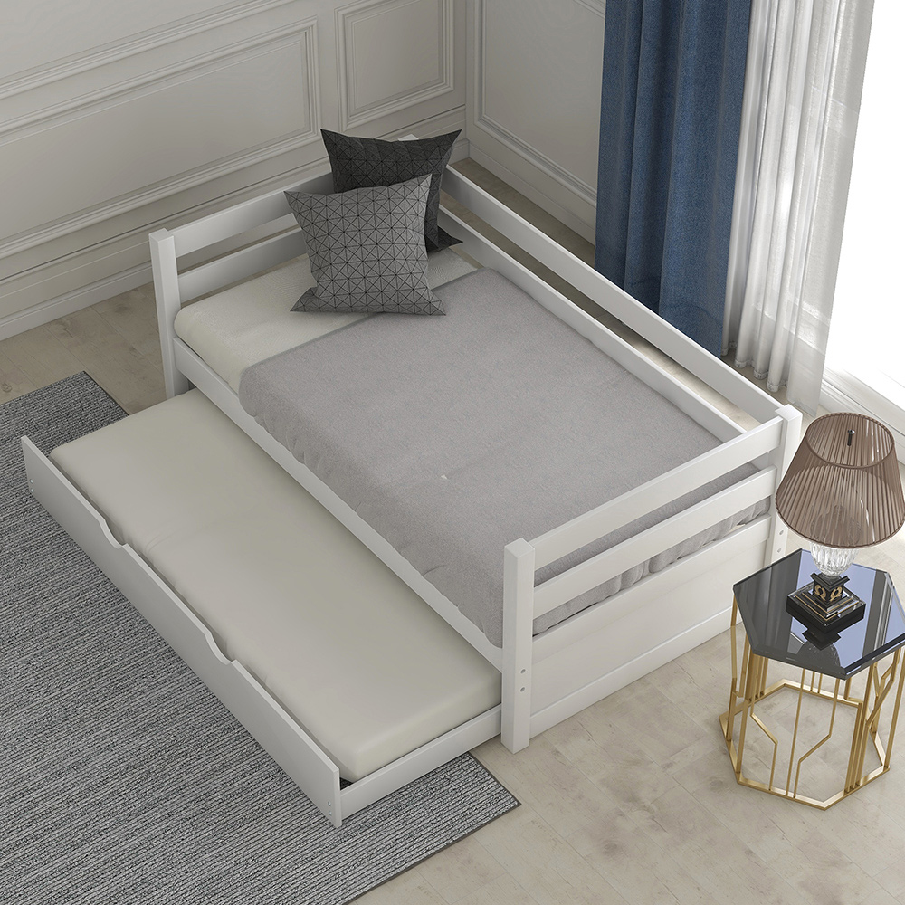Twin Size Wooden Daybed with Trundle Bed and Wooden Slats Support, No Need for Spring Box, for Living Room, Bedroom, Office, Apartment - White