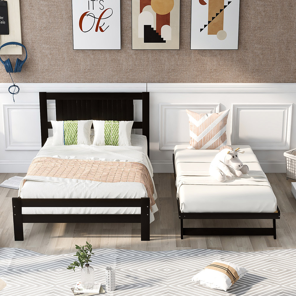 Full-Size Wooden Platform Bed Frame with Adjustable Trundle Bed and Wooden Slat Support, No Need for Box Spring - Espresso