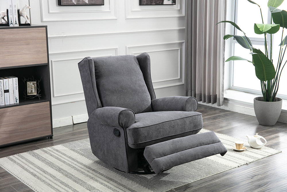 Polyester Fiber Upholstered Swivel Rocker Chair with Backrest for Home Theater, Office, Living Room - Grey