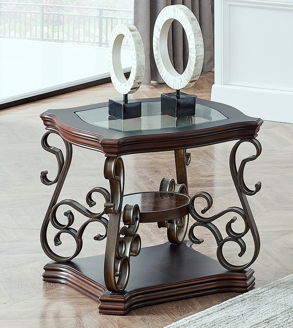 26.3" Glass End Table with Middle Shelf, and Metal Legs, for Kitchen, Restaurant, Office, Living Room, Cafe - Brown