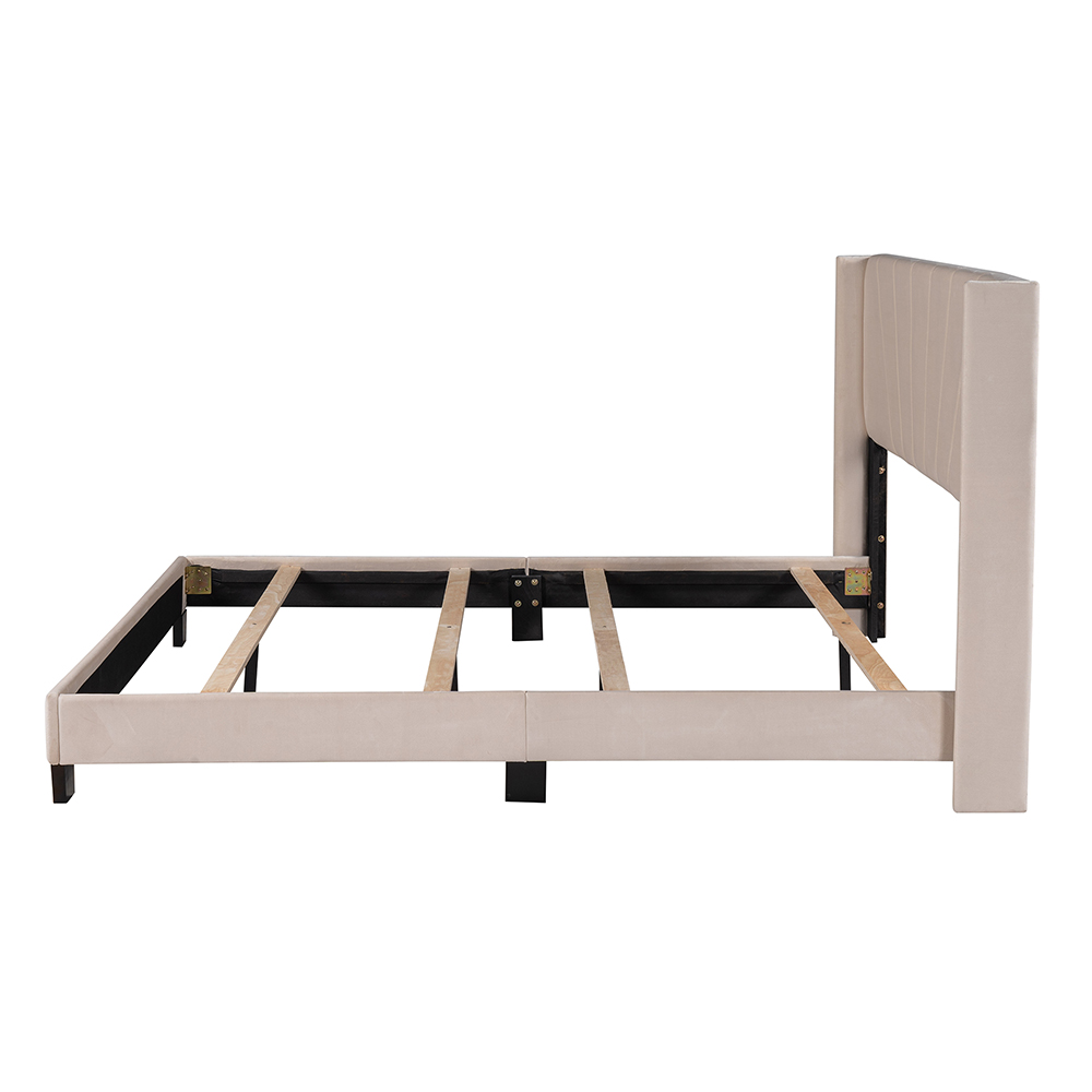 Queen-Size Velvet Upholstered Platform Bed Frame with Headboard and Wooden Slat Support - Beige