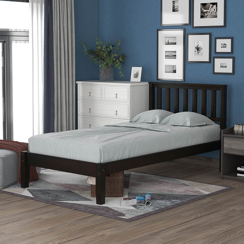 Twin-Size Wooden Platform Bed Frame with Headboard and Wooden Slat Support - Espresso