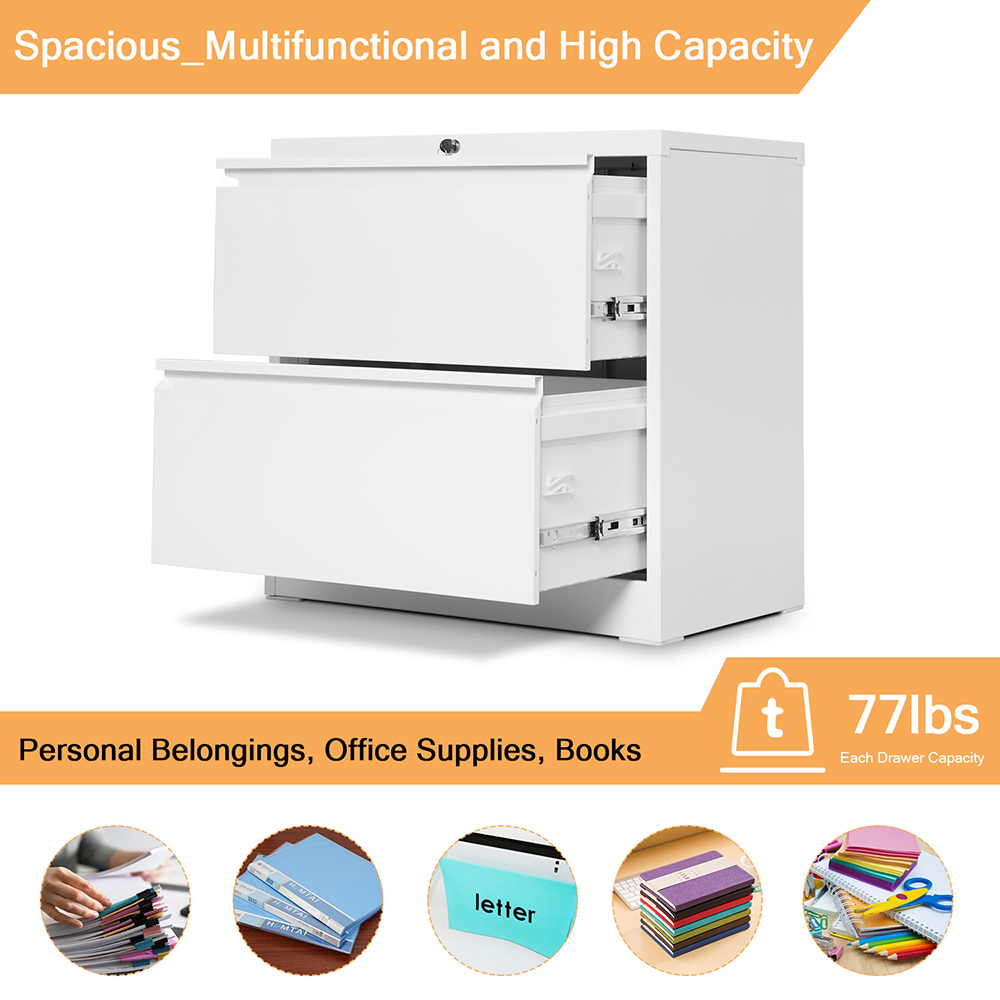 Home Office Lateral Metal Lockable File Cabinet with 2 Storage Drawers, for A4, Letter-Sized and Legal-Sized Hanging Documents - White