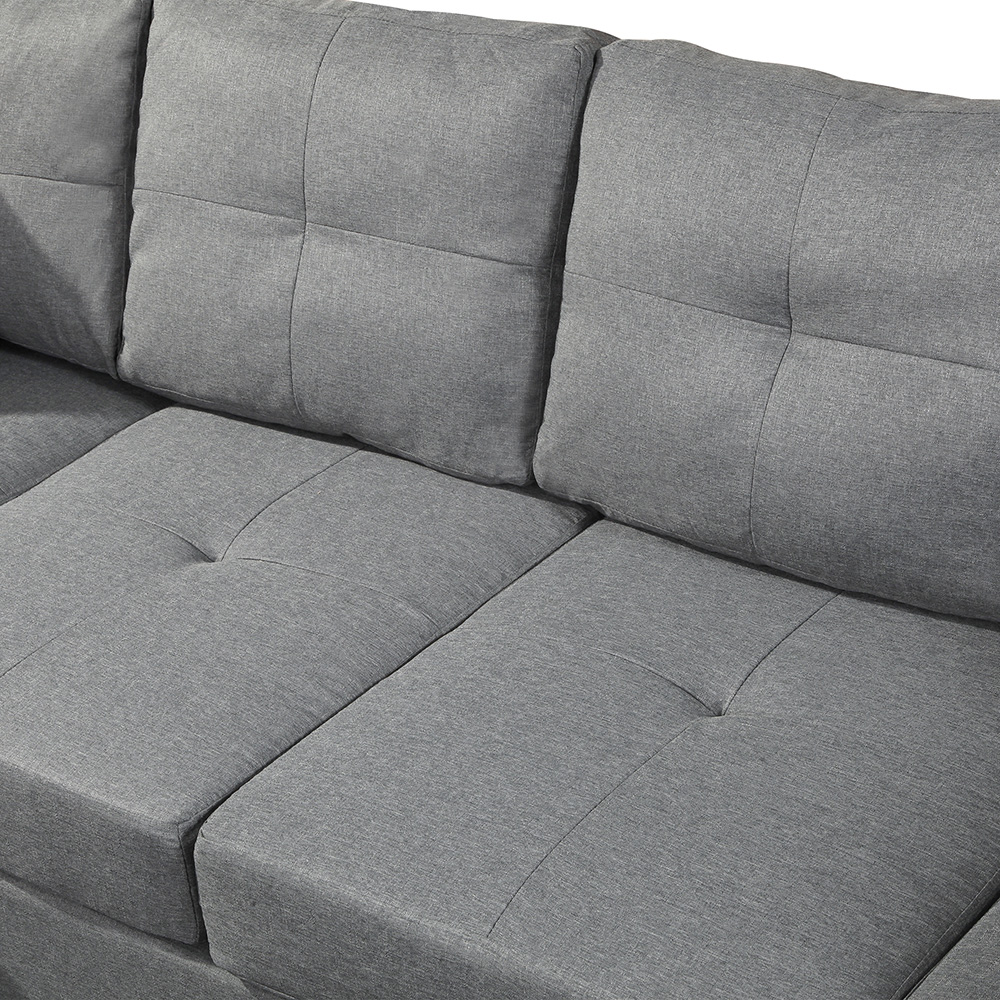 3-Seat Linen Fabric Upholstered Sofa Set, with Right Hand Chaise Lounge, Storage Ottoman, for Living Room, Bedroom, Office, Apartment - Grey