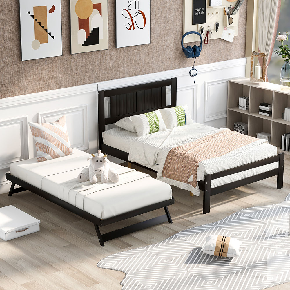 Full-Size Wooden Platform Bed Frame with Adjustable Trundle Bed and Wooden Slat Support, No Need for Box Spring - Espresso