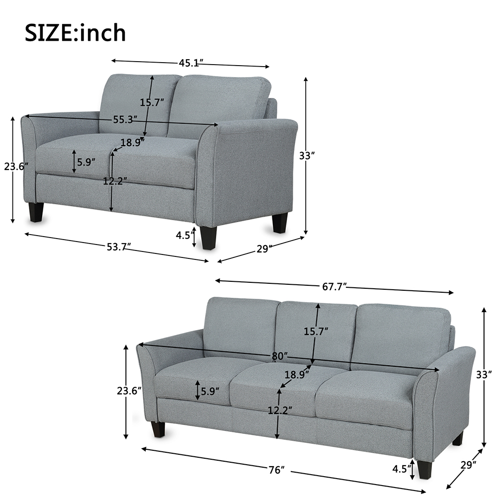 2+3-Seat Linen Fabric Upholstered Sofa Set, with Pillows and Wooden Feet, for Living Room, Bedroom, Office, Apartment - Gray