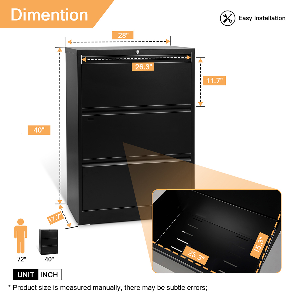 Home Office Lateral Metal Lockable File Cabinet with 3 Storage Drawers, for A4, Letter-Sized and Legal-Sized Hanging Documents - Black