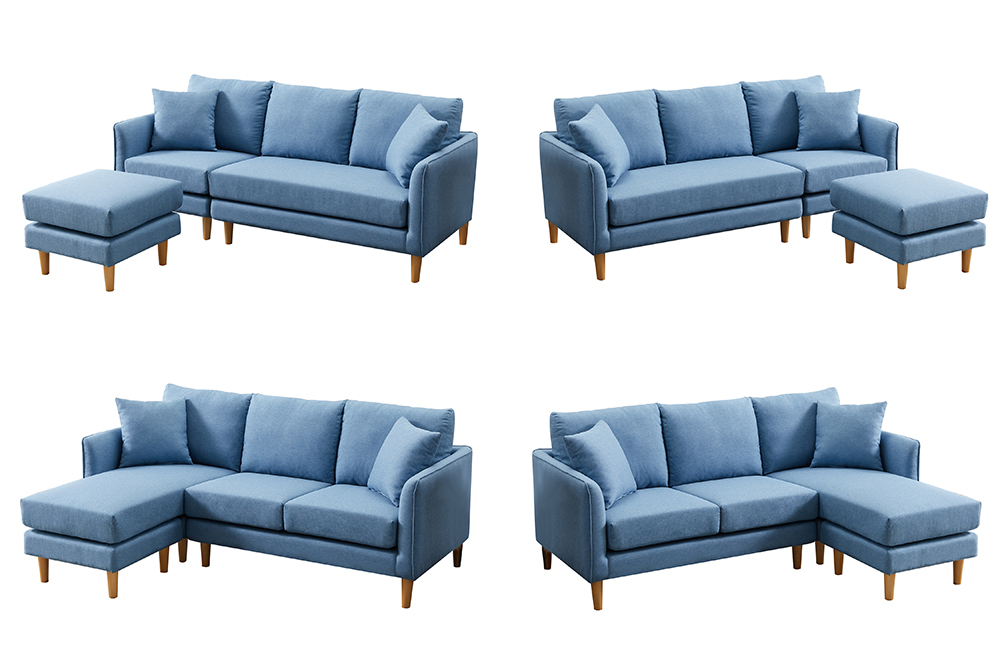 Polyester Fabric L-shaped Corner Sofa with 2 Pillows and Ottoman for Living Room, Bedroom, Office, Apartment - Blue