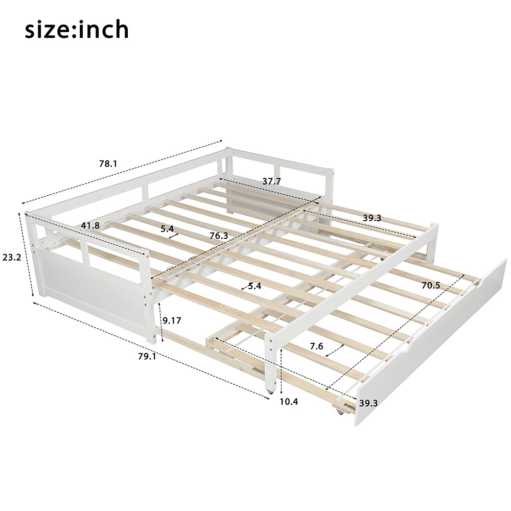 78" Twin Size Wooden Daybed with Trundle Bed and Wooden Slats Support, No Need for Spring Box, for Living Room, Bedroom, Office, Apartment - White
