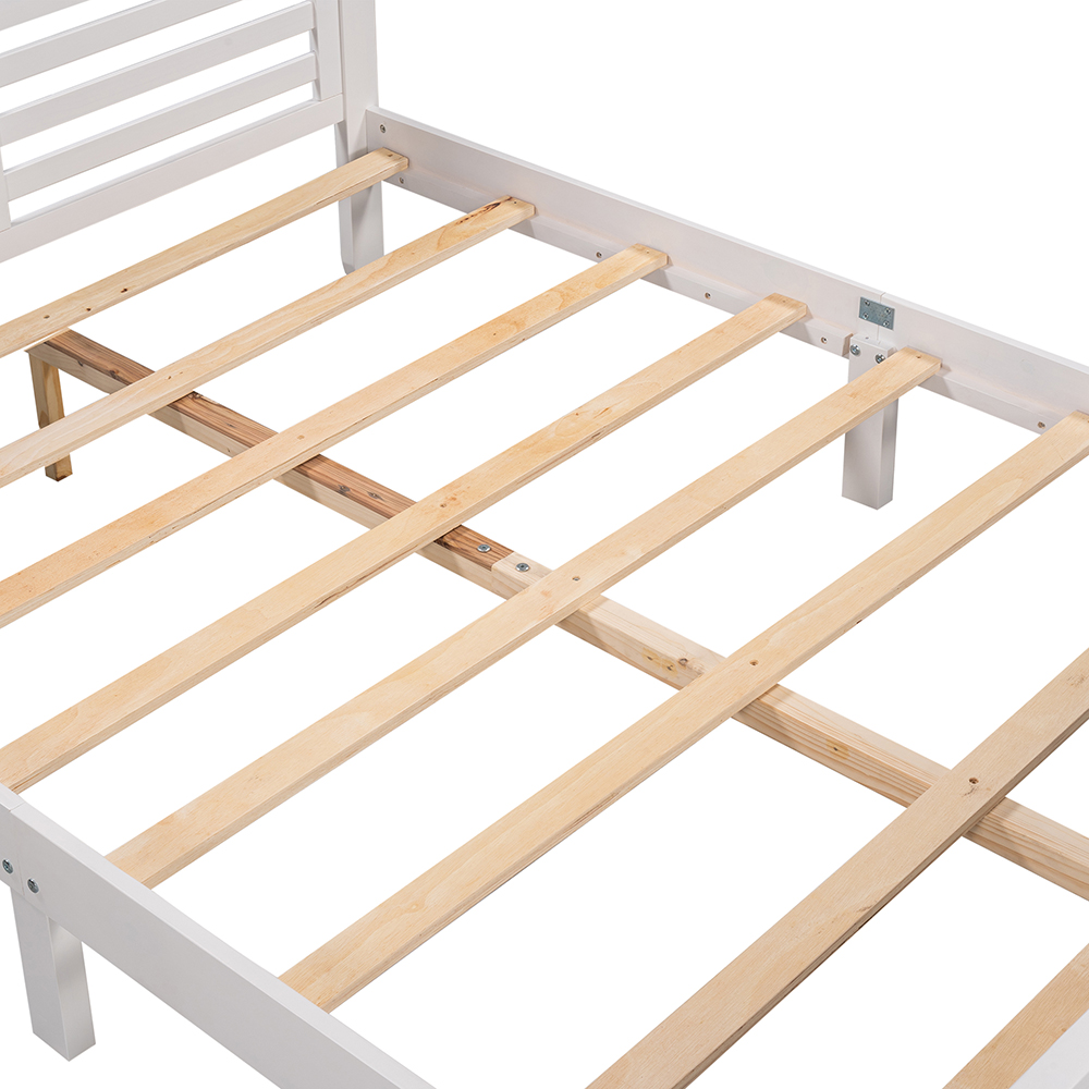 Full-Size Wooden Platform Bed Frame with Hollow Shape Horizontal Strip and Wooden Slats Support - White
