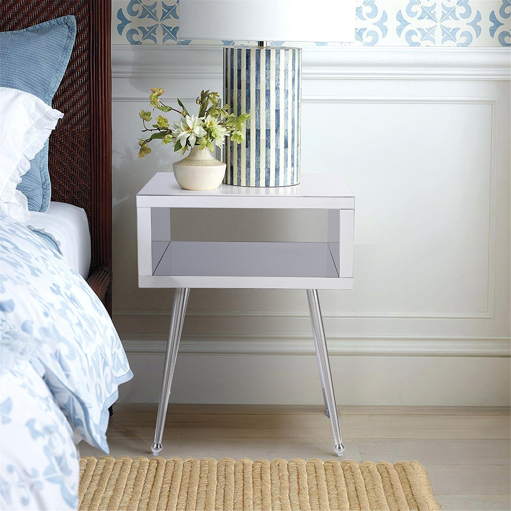 COOLMORE Mirror Bedside Table End Table with Metal High Legs for Living Room, Bedroom, Office, Dressing Room - Silver