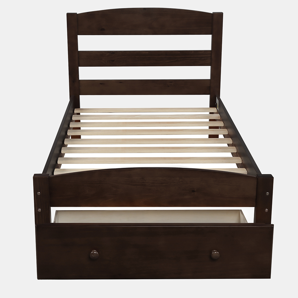 Twin Size Wooden Platform Bed Frame with Storage Drawer, and Wooden Slats Support, No Spring Box Required (Frame Only) - Espresso