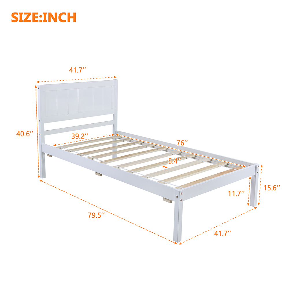 Twin Size Wooden Platform Bed Frame with Headboard, and Wooden Slats Support, No Spring Box Required - White