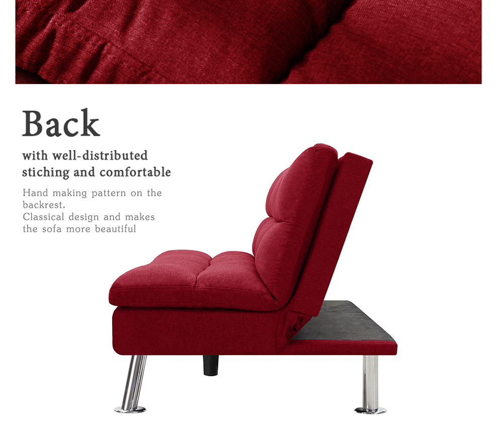 Twin Size Polyester Upholstered Sofa Bed Solid Wood Frame with Adjusting Backrest and Metal Legs for Office, Living Room, Guest Room, Apartment - Red