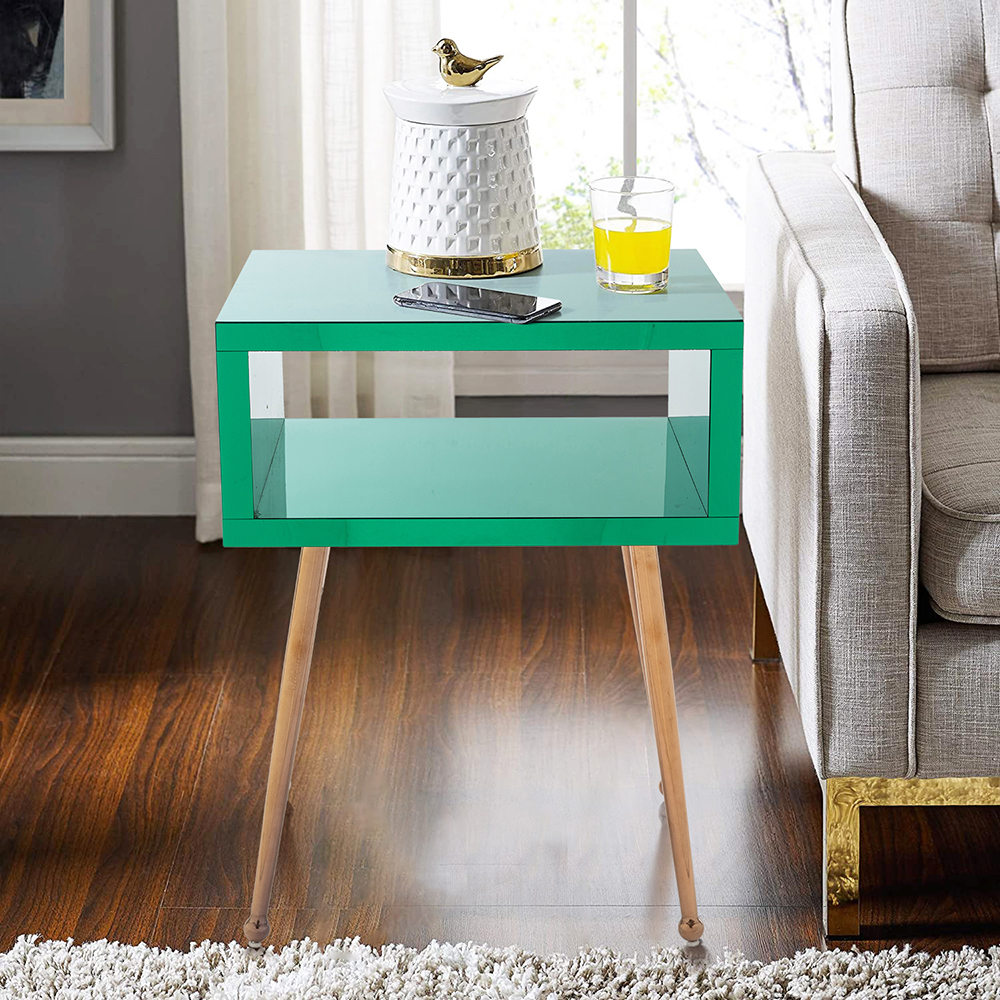 COOLMORE Mirror Bedside Table End Table with Metal High Legs for Living Room, Bedroom, Office, Dressing Room - Green