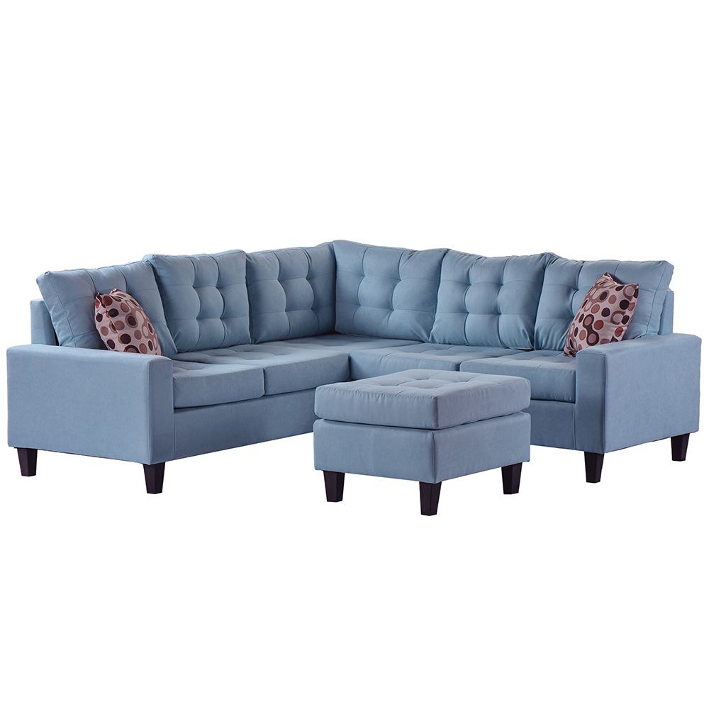 U-STYLE 5-Seat L-shaped Corner Polyester Tufted Upholstered Sofa with 2 Pillows and Ottoman, for Living Room, Bedroom, Office, Apartment - Blue