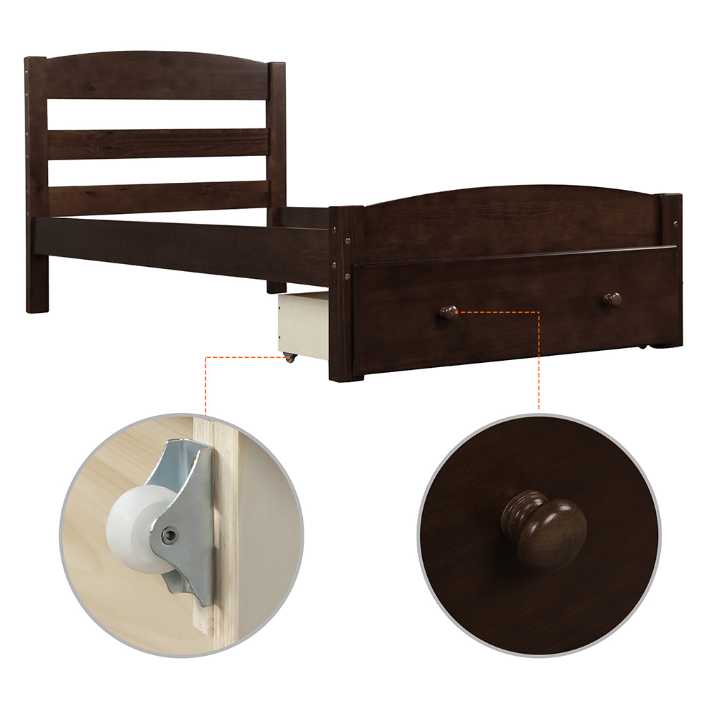 Twin Size Wooden Platform Bed Frame with Storage Drawer, and Wooden Slats Support, No Spring Box Required (Frame Only) - Espresso