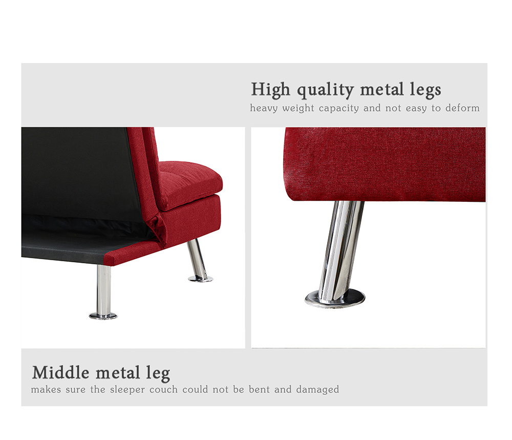 Twin Size Polyester Upholstered Sofa Bed Solid Wood Frame with Adjusting Backrest and Metal Legs for Office, Living Room, Guest Room, Apartment - Red