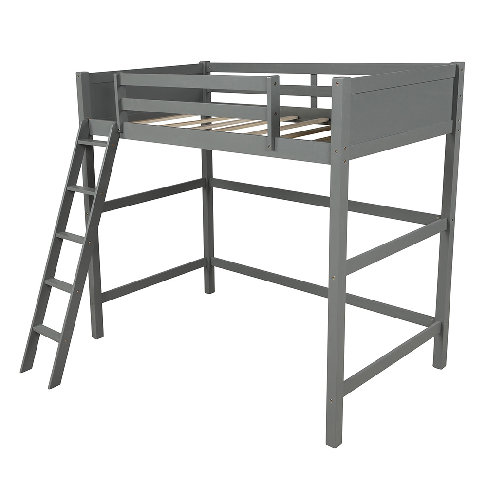 Twin-Size Wooden Loft Bed Frame with Ladder and Wooden Slats Support, Space-saving Design - Gray