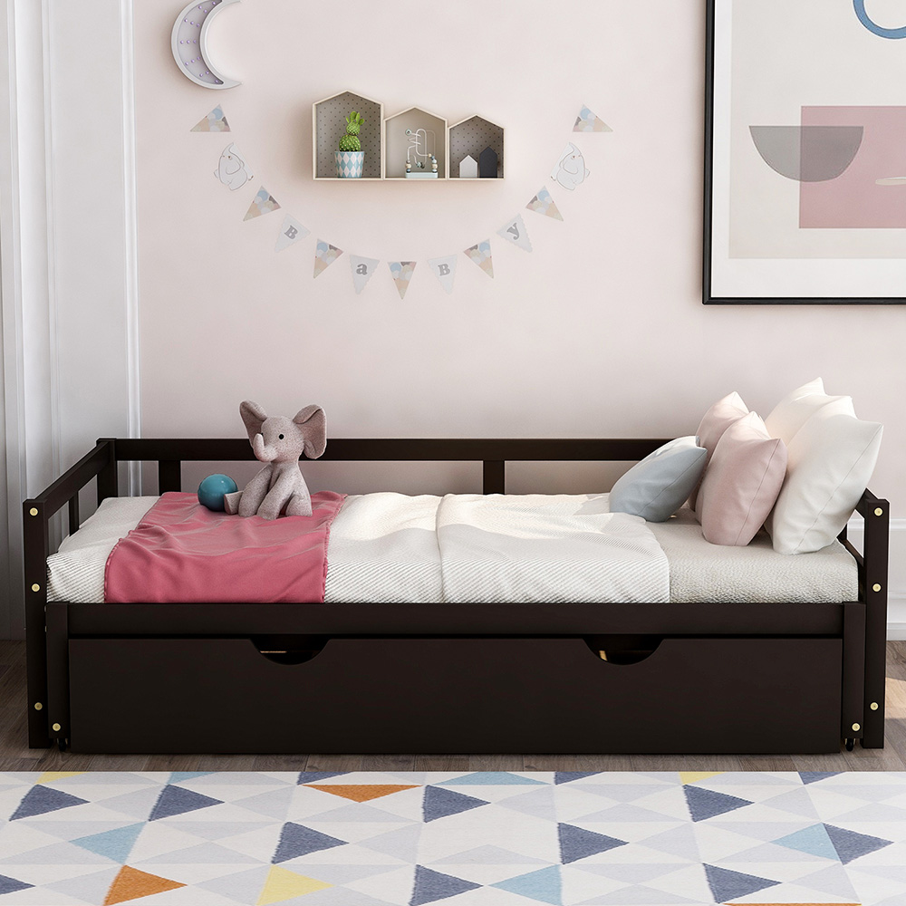 78" Twin Size Wooden Daybed with Trundle Bed and Wooden Slats Support, No Need for Spring Box, for Living Room, Bedroom, Office, Apartment - Espresso