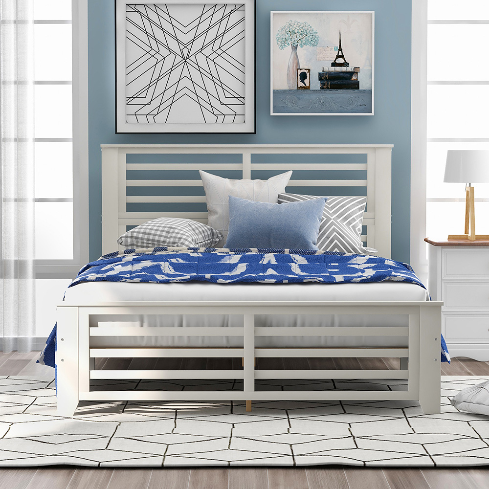 Full-Size Wooden Platform Bed Frame with Hollow Shape Horizontal Strip and Wooden Slats Support - White