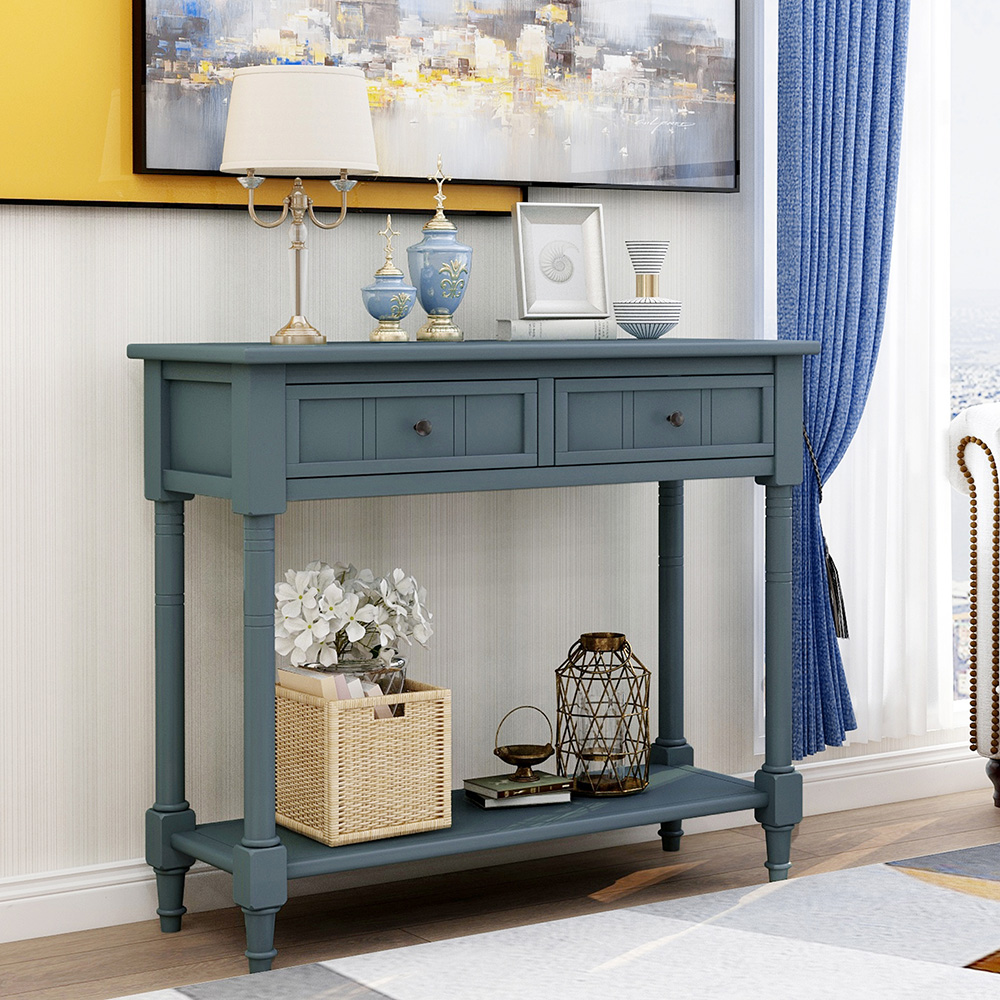 TREXM 35'' Console Table with 2 Storage Drawers, and Bottom Shelf, for Entrance, Hallway, Dining Room, Kitchen - Navy