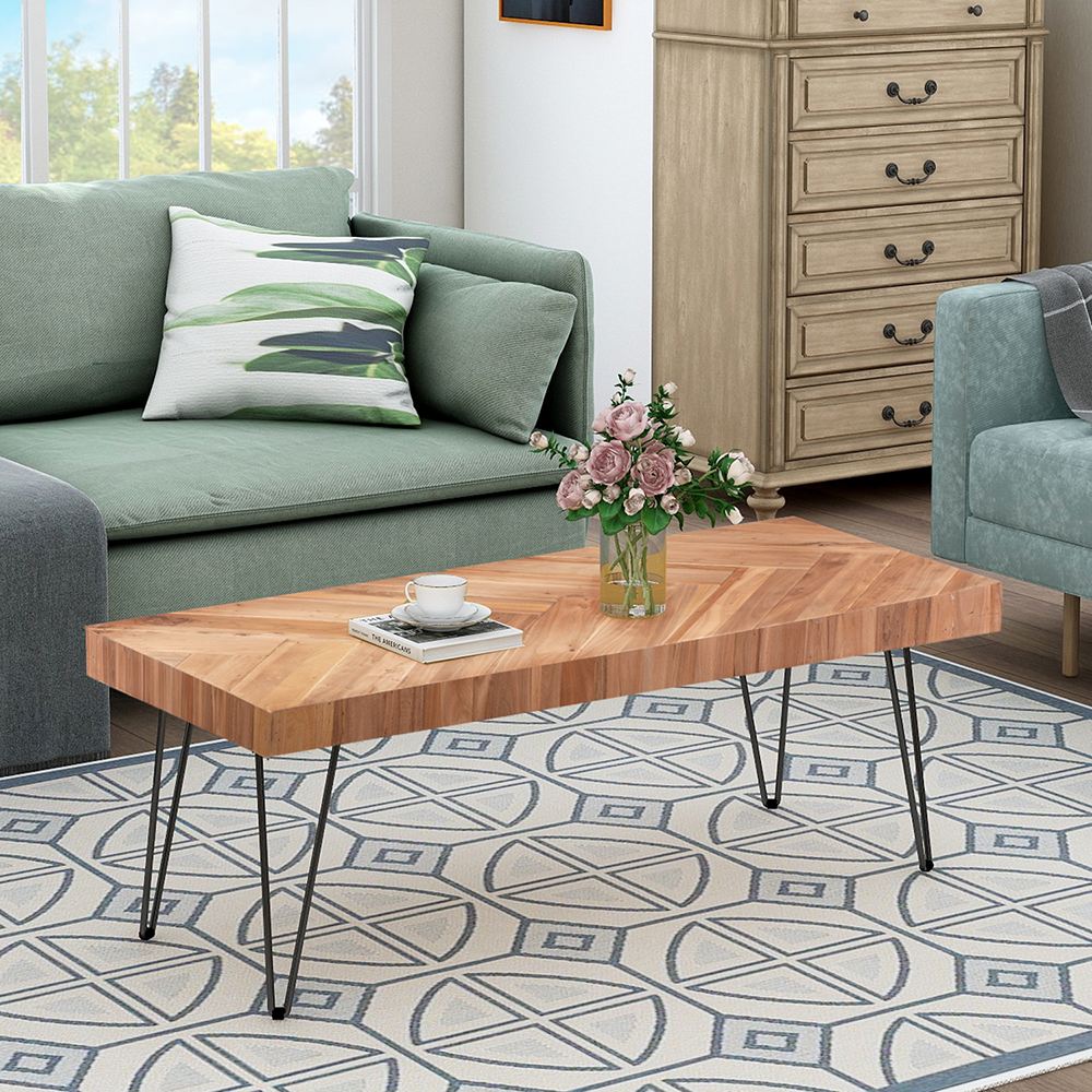 TREXM Rectangular Glossy Finished Wood Coffee Table with Chevron Pattern and Metal Hairpin Legs, for Kitchen, Restaurant, Office, Living Room, Cafe - Oak