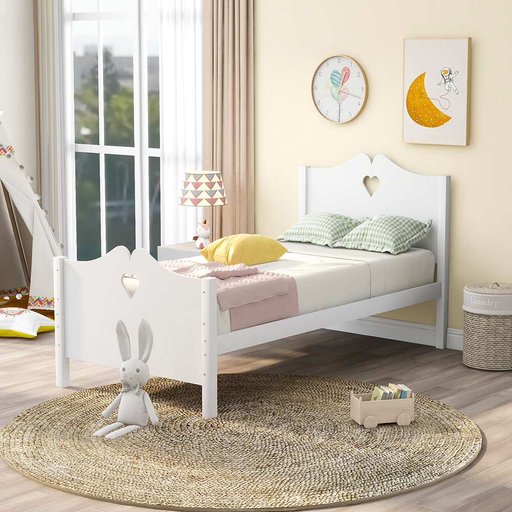 Twin-Size Wooden Platform Bed Frame with Headboard, Footboard, and Wooden Slat Support, No Need for Box Spring - White