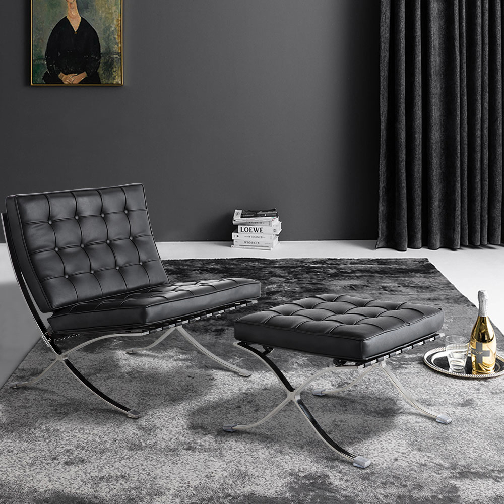 Folding Lounge Chair with Ottoman, Solid Steel Frame High-density Sponge Filling, for Living Room, Leisure Area, Club, Office, Roof - Black